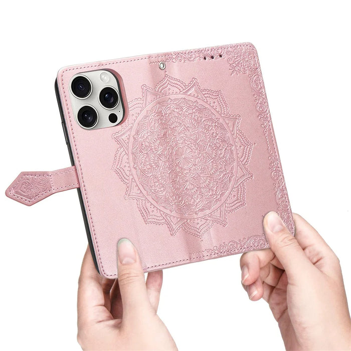 For iPhone 16 Pro Case Card Holder Cash Slots Leather Phone Cover Embossed Mandala Pattern - Rose Gold - 4