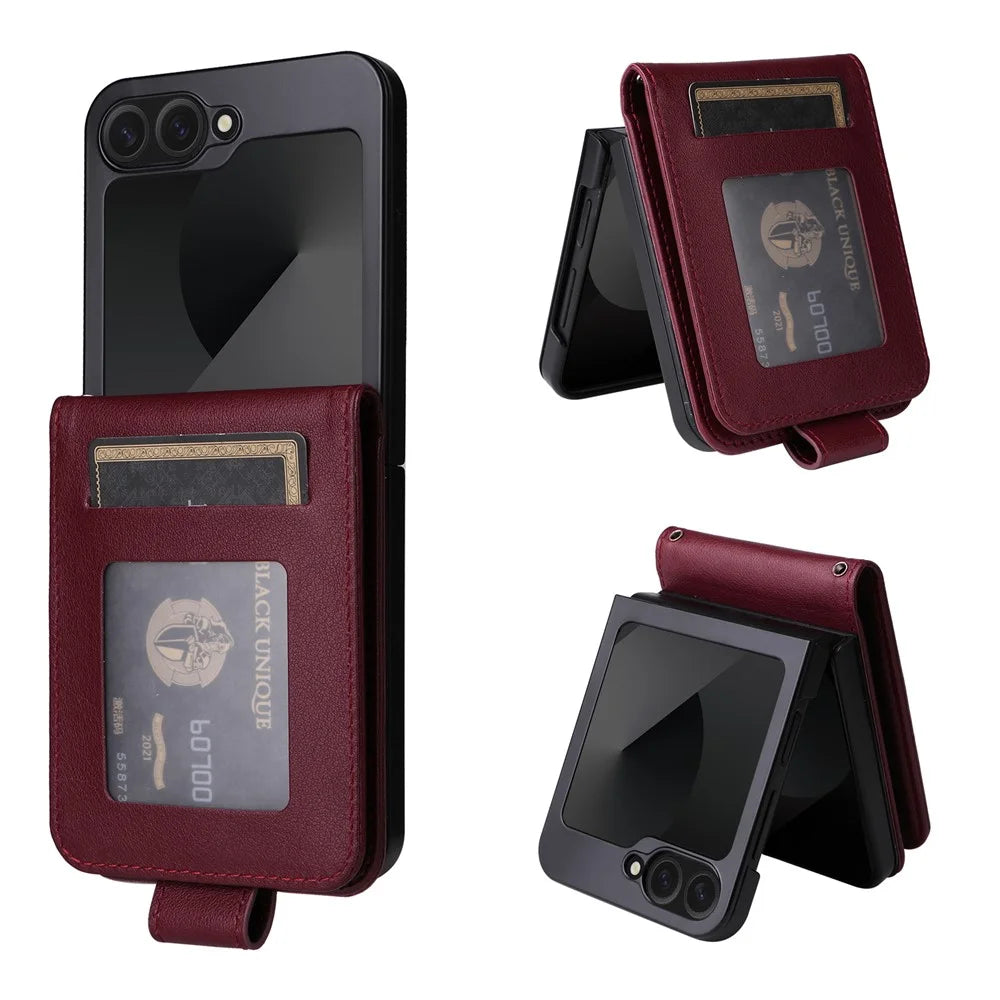 For Samsung Galaxy Z Flip7 FE 5G / Z Flip6 5G Case PU Leather Card Holder Folding Phone Cover - Wine Red - 1