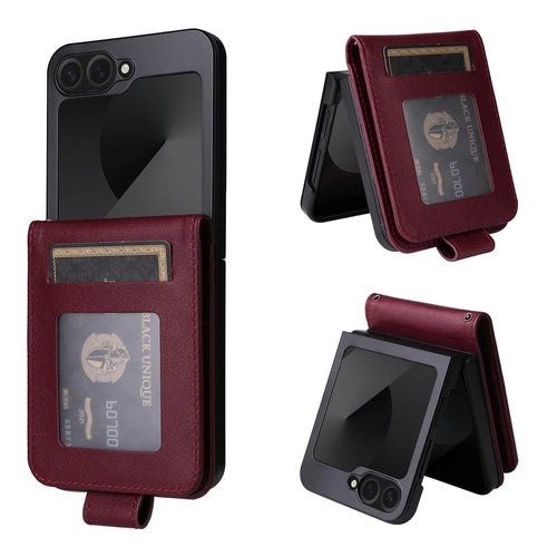 For Samsung Galaxy Z Flip7 FE 5G / Z Flip6 5G Case PU Leather Card Holder Folding Phone Cover - Wine Red - 1