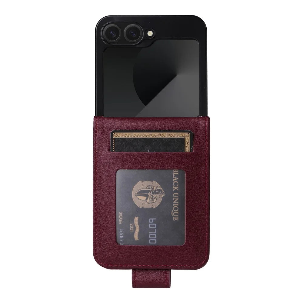 For Samsung Galaxy Z Flip7 FE 5G / Z Flip6 5G Case PU Leather Card Holder Folding Phone Cover - Wine Red - 3