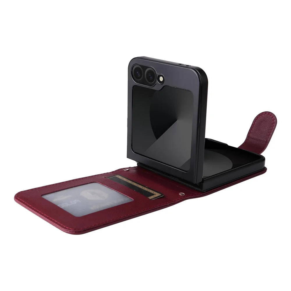 For Samsung Galaxy Z Flip7 FE 5G / Z Flip6 5G Case PU Leather Card Holder Folding Phone Cover - Wine Red - 4