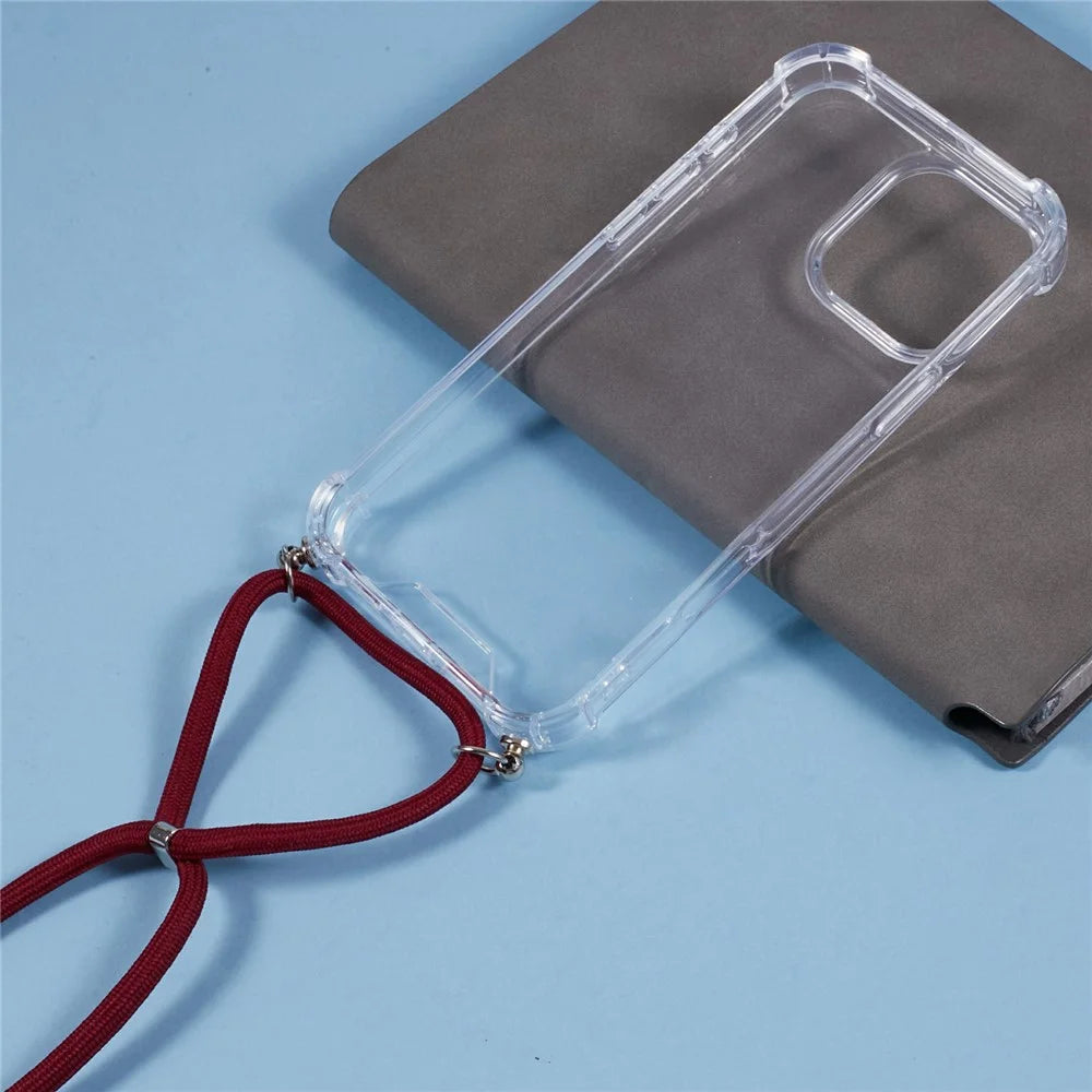 For iPhone 16 Pro Max Crossbody Case Acrylic + TPU Transparent Phone Cover Reinforced Corners - Jujube Red - 5
