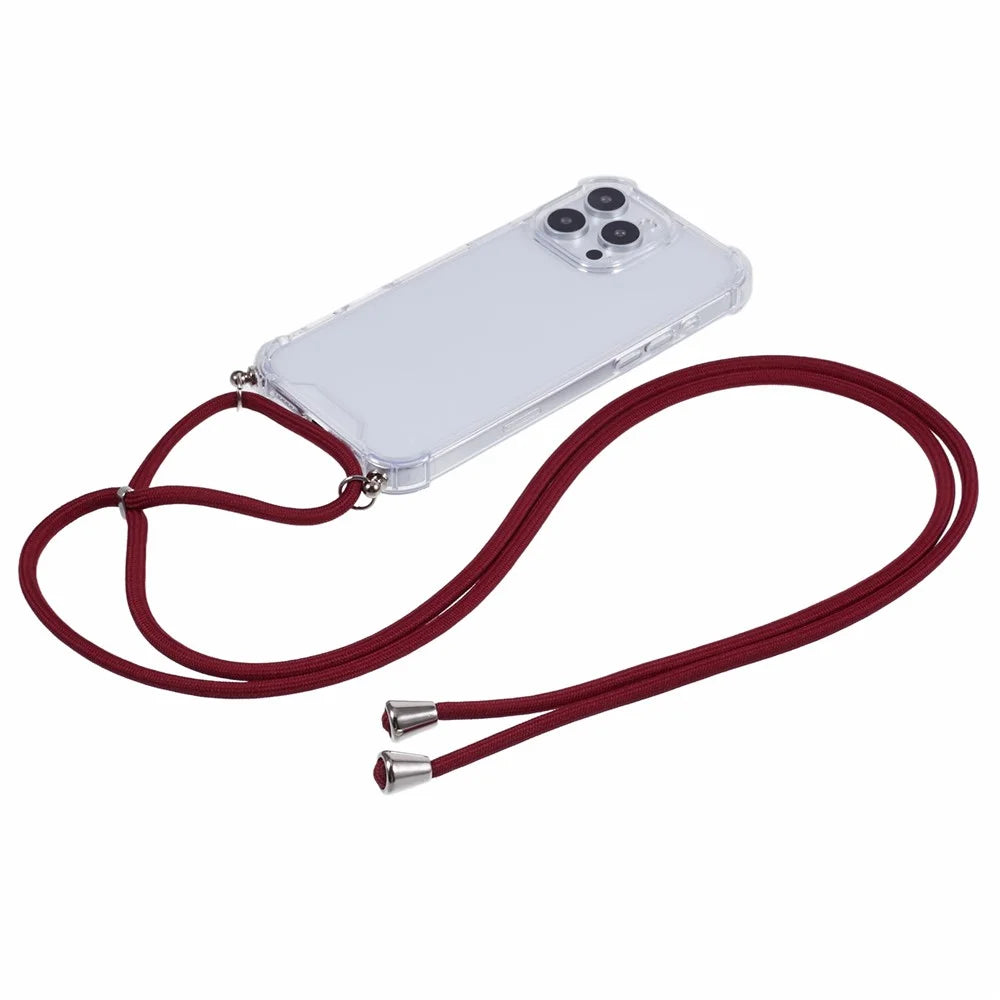 For iPhone 16 Pro Case 4 Corner Reinforced Acrylic + TPU Phone Cover with Adjustable Lanyard - Jujube Red - 2