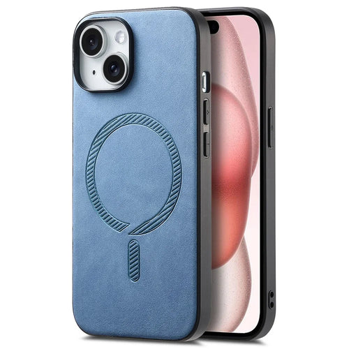 For iPhone 15 Leather Back Case Compatible with MagSafe Skin-touch Phone Cover - Blue - 1