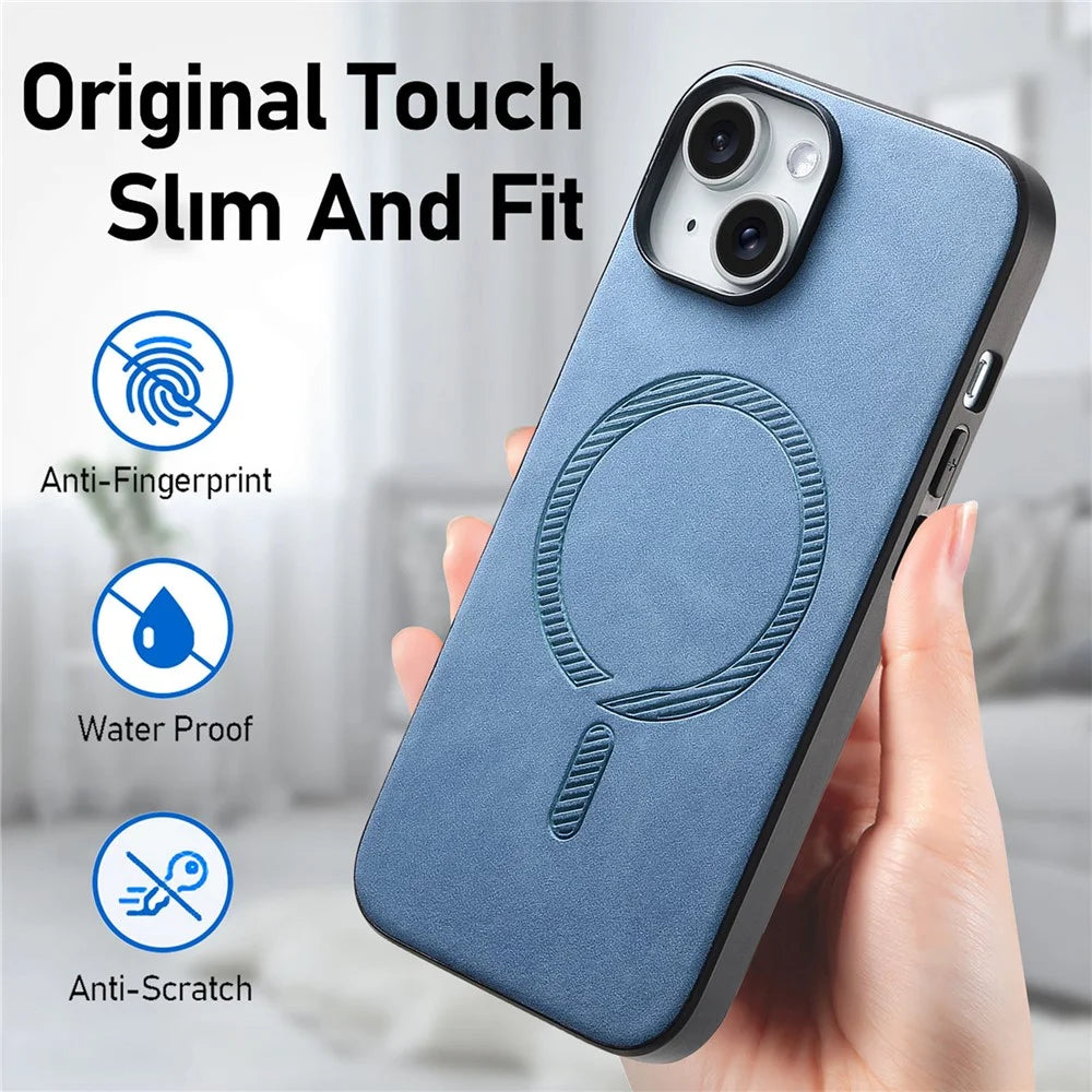 For iPhone 15 Leather Back Case Compatible with MagSafe Skin-touch Phone Cover - Blue - 3