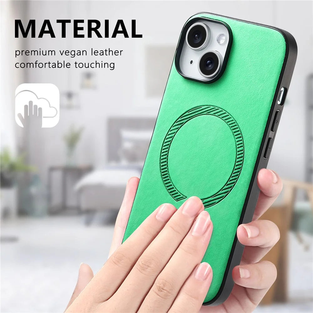 For iPhone 15 Leather Back Case Compatible with MagSafe Skin-touch Phone Cover - Blue - 5