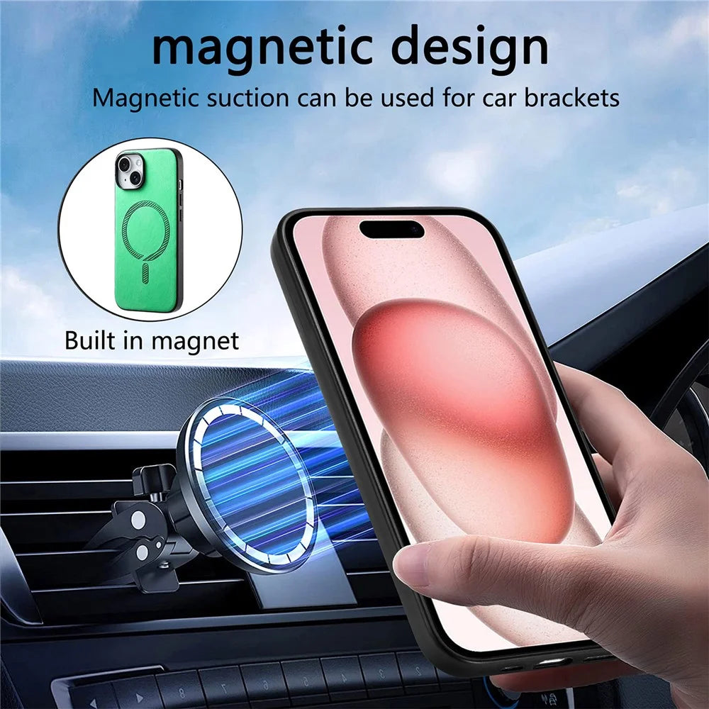 For iPhone 15 Leather Back Case Compatible with MagSafe Skin-touch Phone Cover - Blue - 6