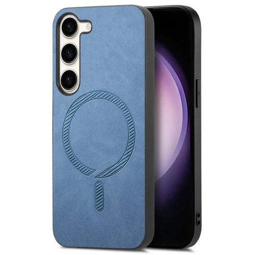 For Samsung Galaxy S23 Leather Back Magnetic Case Skin-touch Phone Cover - Blue - 1