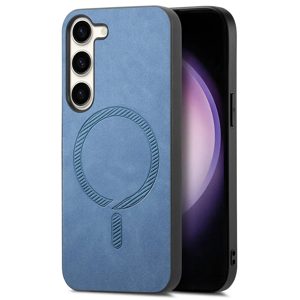 For Samsung Galaxy S23 Leather Back Magnetic Case Skin-touch Phone Cover - Blue - 1