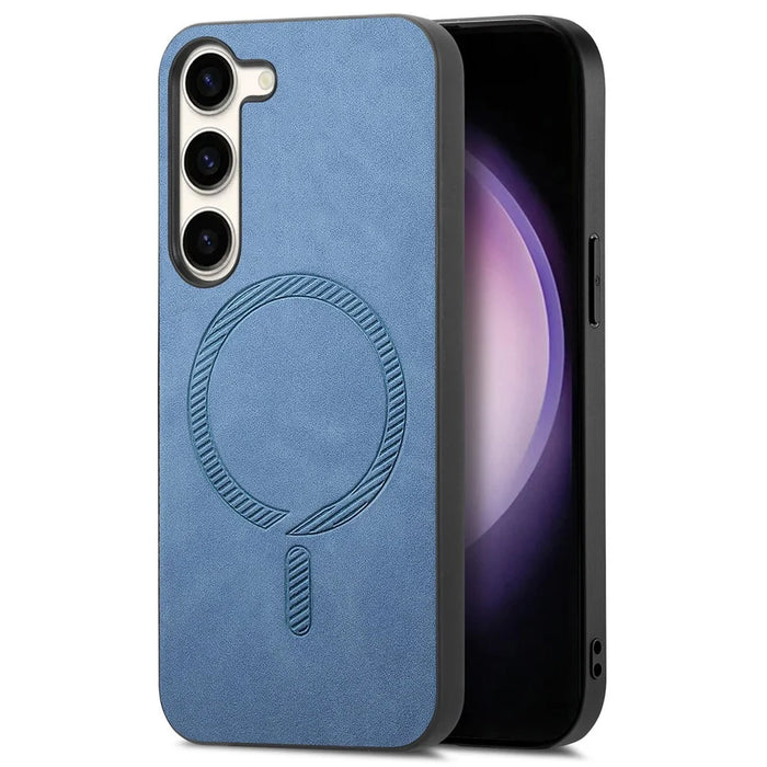 For Samsung Galaxy S23 Leather Back Magnetic Case Skin-touch Phone Cover - Blue - 1