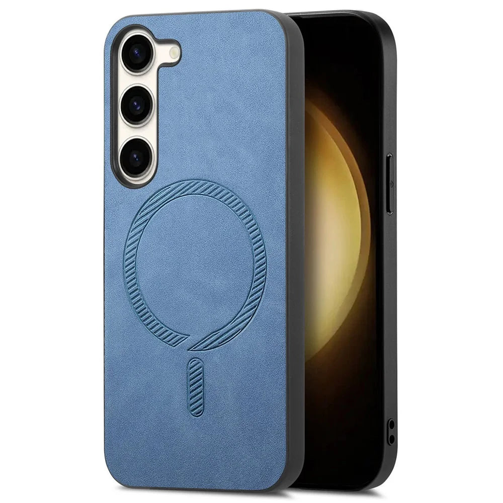 For Samsung Galaxy S23+ Leather Back Magnetic Case Skin-touch Phone Cover - Blue - 1