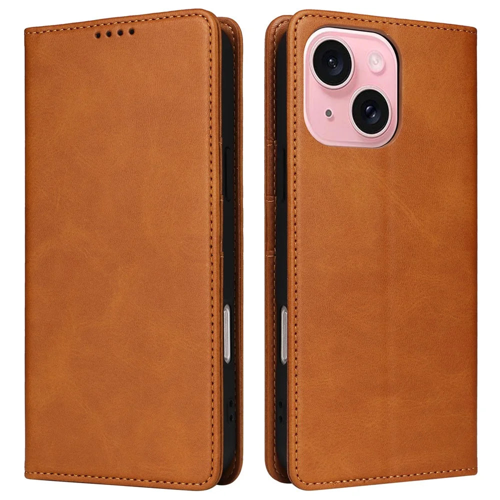 For iPhone 15 Wallet Case RFID Blocking Leather Phone Cover Stand View - Brown - 1