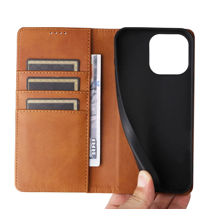 For iPhone 15 Wallet Case RFID Blocking Leather Phone Cover Stand View - Brown - 5