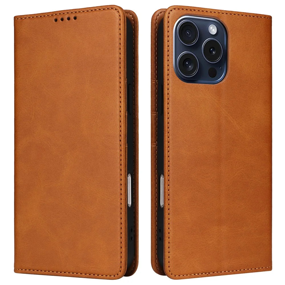 For iPhone 15 Pro Case RFID Blocking Phone Leather Cover Magnetic Closing - Brown - 1