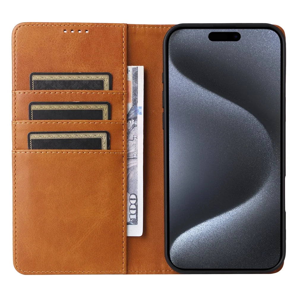 For iPhone 15 Pro Case RFID Blocking Phone Leather Cover Magnetic Closing - Brown - 2