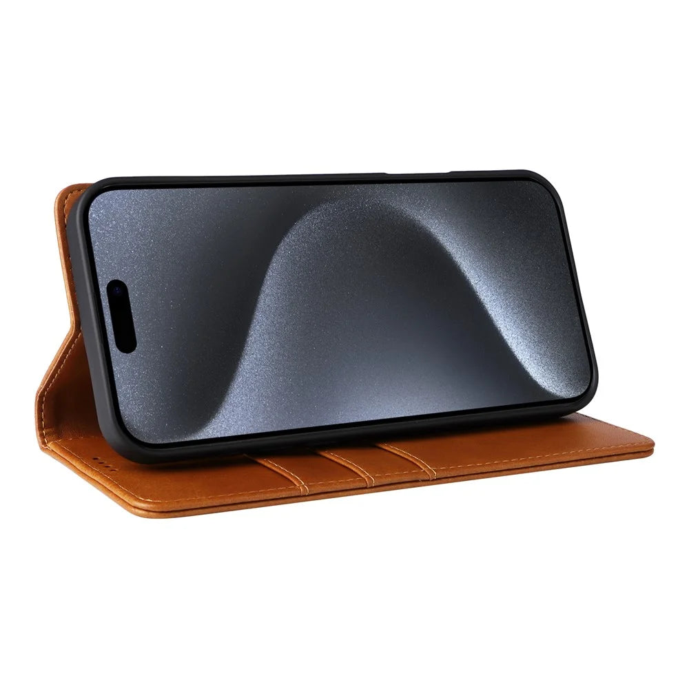 For iPhone 15 Pro Case RFID Blocking Phone Leather Cover Magnetic Closing - Brown - 3