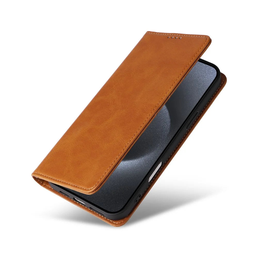 For iPhone 15 Pro Case RFID Blocking Phone Leather Cover Magnetic Closing - Brown - 4
