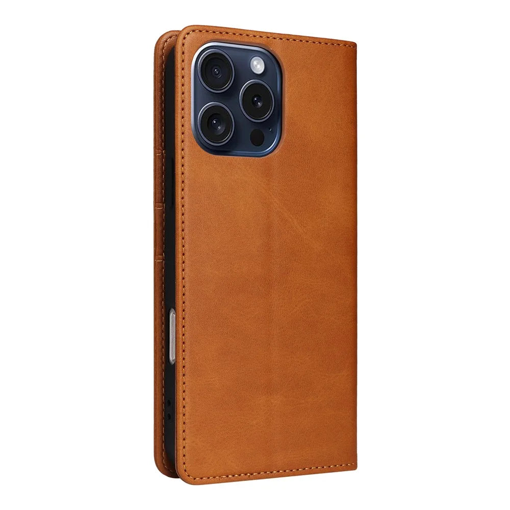 For iPhone 15 Pro Case RFID Blocking Phone Leather Cover Magnetic Closing - Brown - 7