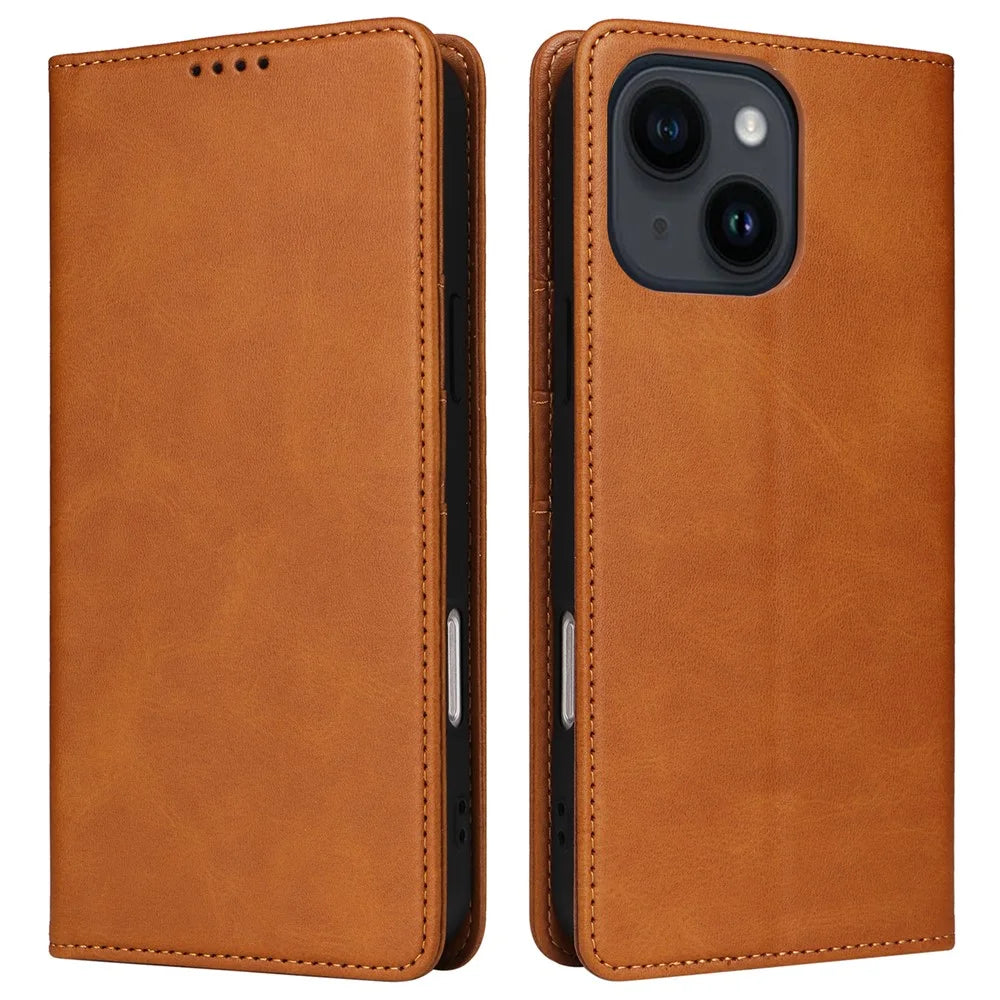 For iPhone 14 / 13 Case RFID Blocking PU Leather Phone Wallet Cover - Brown - 1