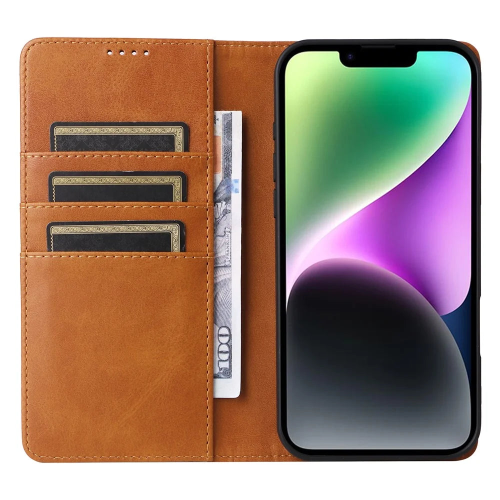 For iPhone 14 / 13 Case RFID Blocking PU Leather Phone Wallet Cover - Brown - 2