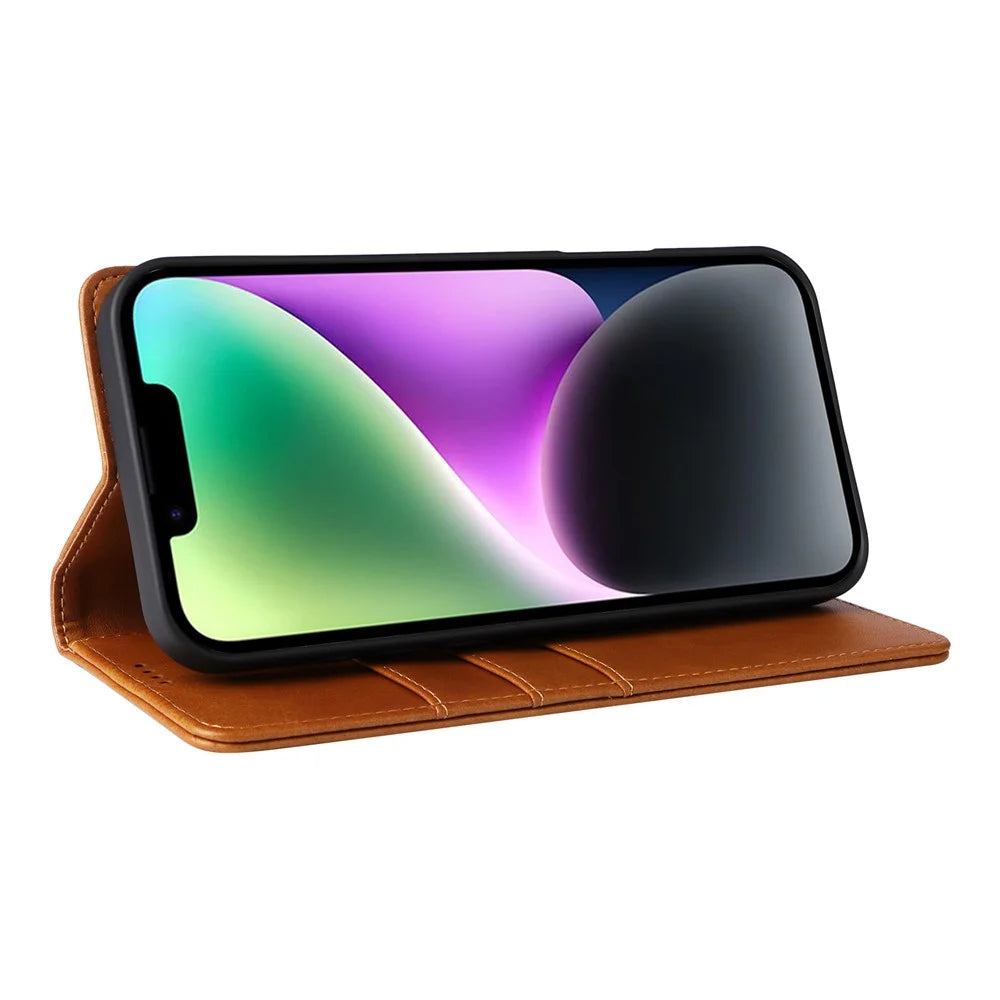 For iPhone 14 / 13 Case RFID Blocking PU Leather Phone Wallet Cover - Brown - 3