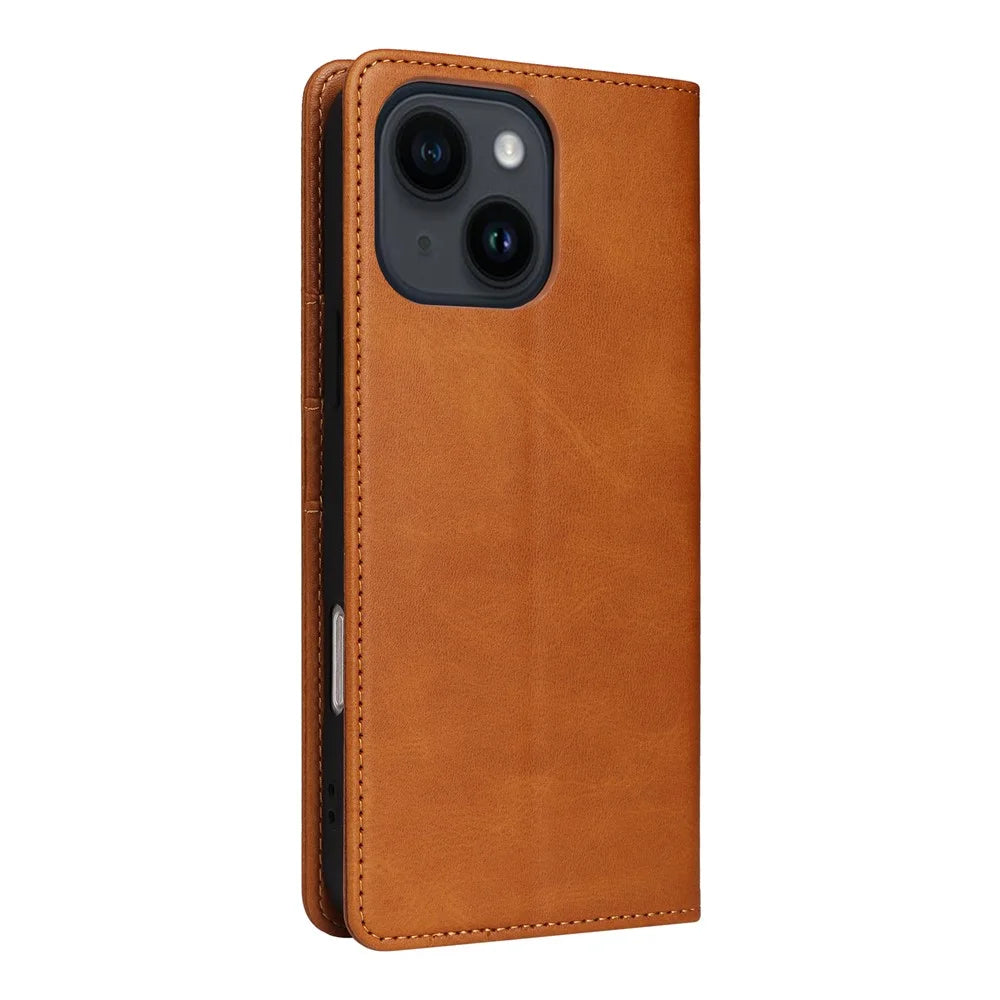 For iPhone 14 / 13 Case RFID Blocking PU Leather Phone Wallet Cover - Brown - 7