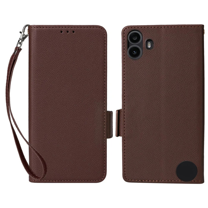 For Nothing CMF Phone 1 Case with Wrist Strap Litchi Texture PU Leather Wallet Phone Cover - Brown - 1