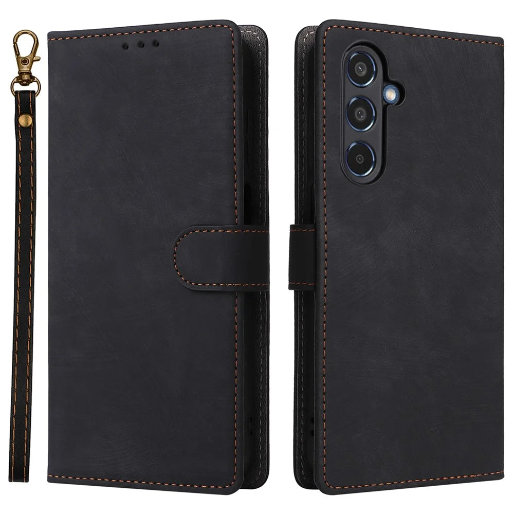 For Samsung Galaxy M35 5G Case with Strap RFID Blocking Leather Flip Phone Cover - Black - 1