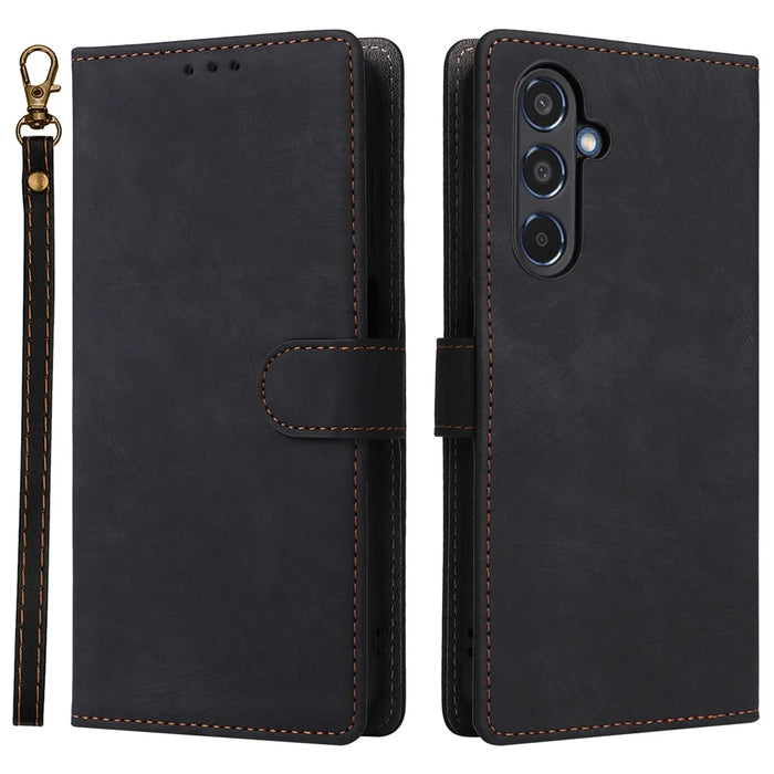 For Samsung Galaxy M35 5G Case with Strap RFID Blocking Leather Flip Phone Cover - Black - 1