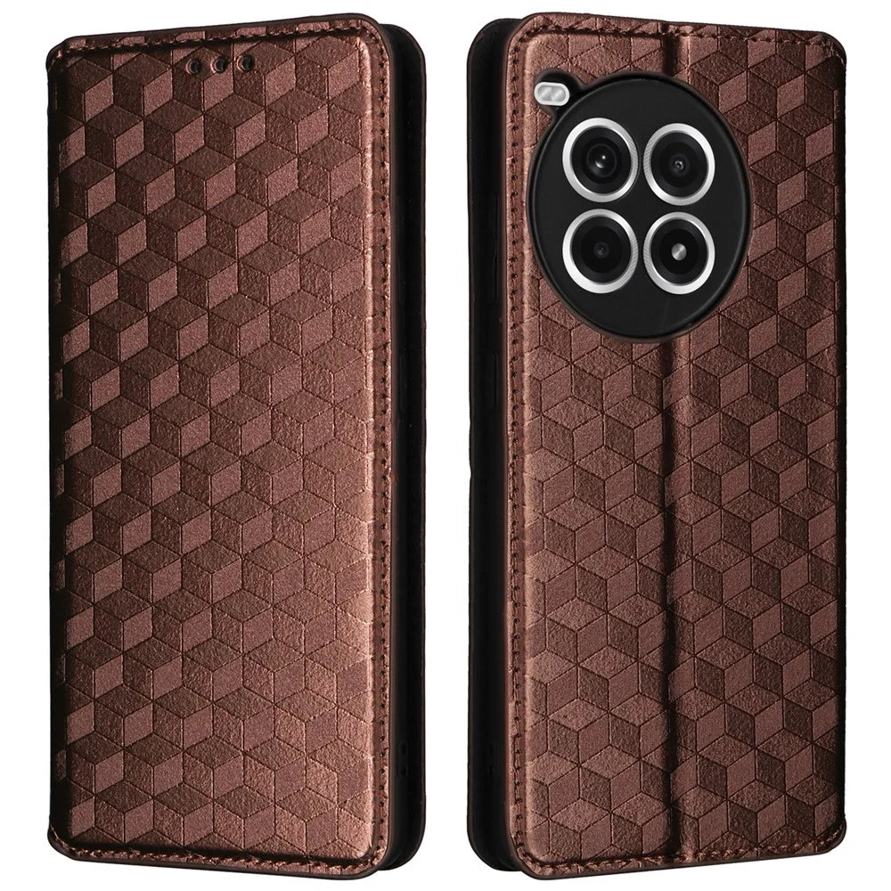 For OnePlus Ace 3 Pro 5G Case Wallet Stand Rhombus Leather Phone Cover - Brown - 1