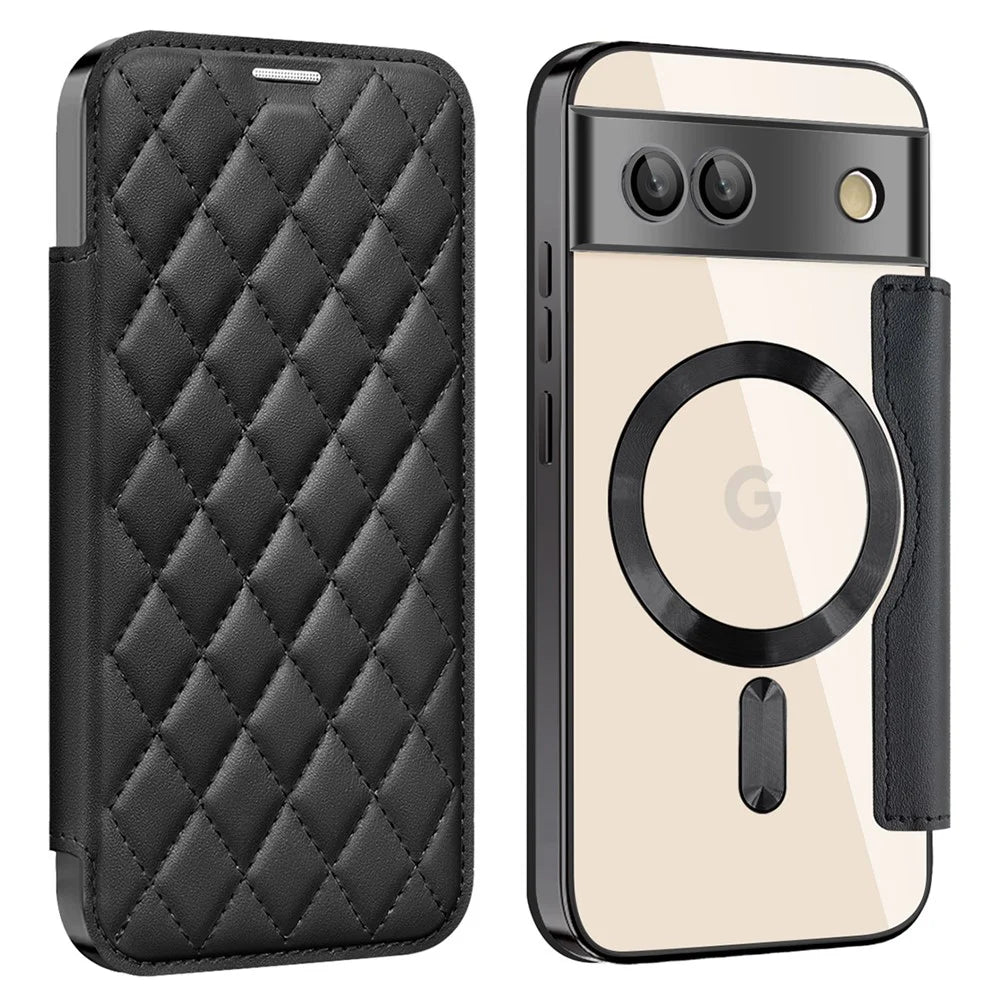 For Google Pixel 8a Magnetic Case Rhombus PU Leather Phone Cover - Black - 1
