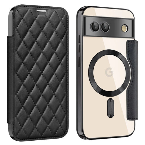 For Google Pixel 8a Magnetic Case Rhombus PU Leather Phone Cover - Black - 1