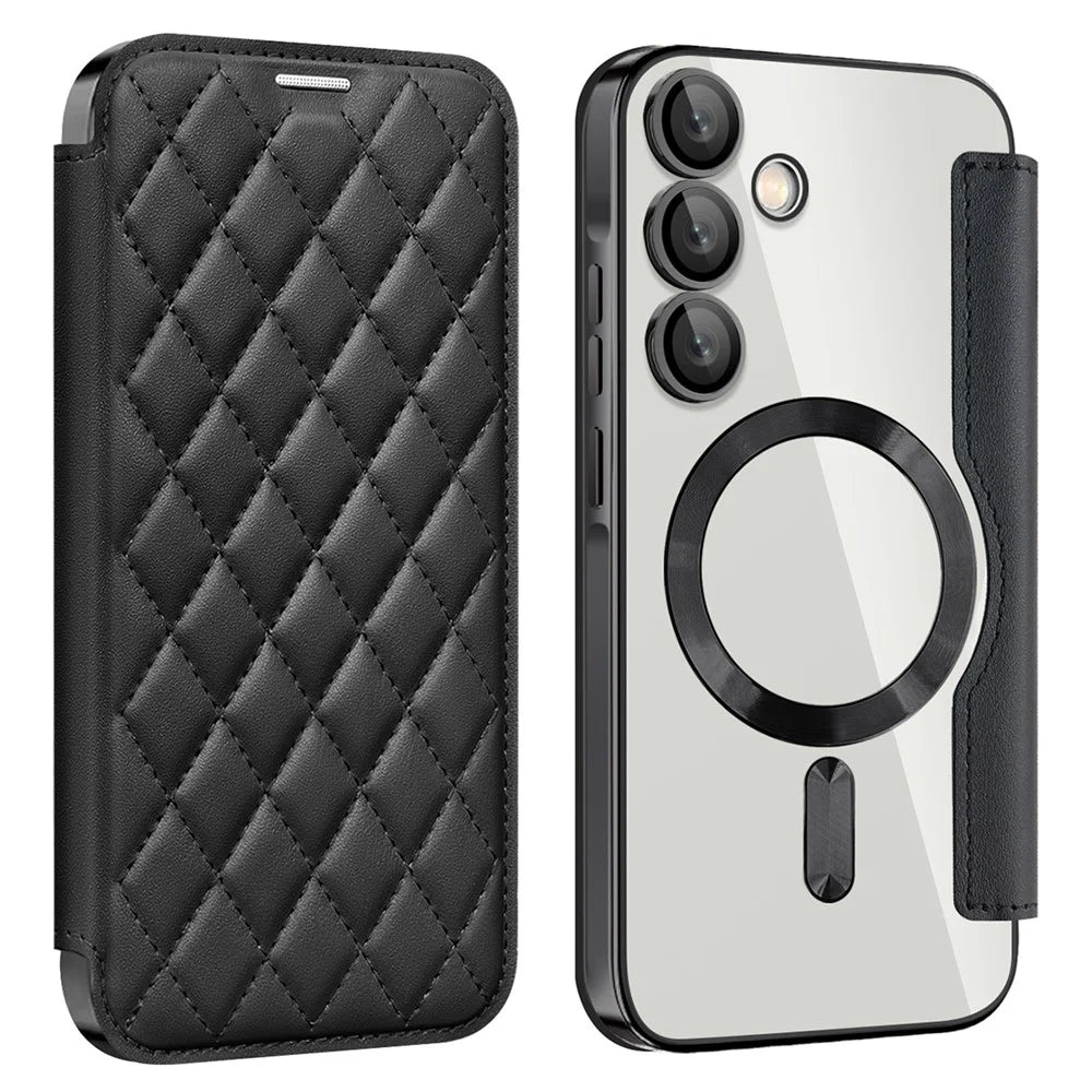 For Samsung Galaxy A35 5G Case Card Slot Rhombus Leather Phone Cover Magnetic Case - Black - 1