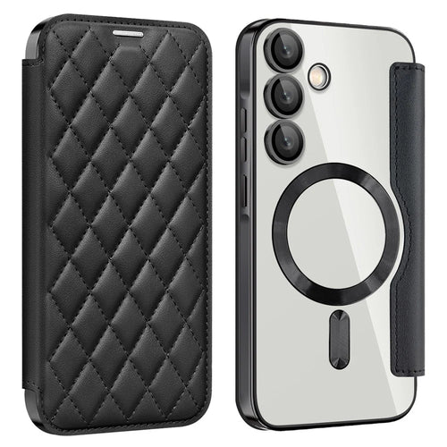 For Samsung Galaxy A35 5G Case Card Slot Rhombus Leather Phone Cover Magnetic Case - Black - 1