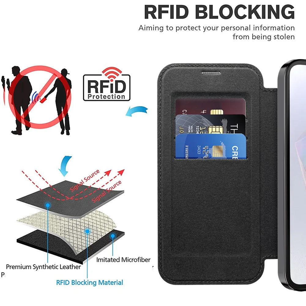 For Samsung Galaxy A35 5G Case Card Slot Rhombus Leather Phone Cover Magnetic Case - Black - 6