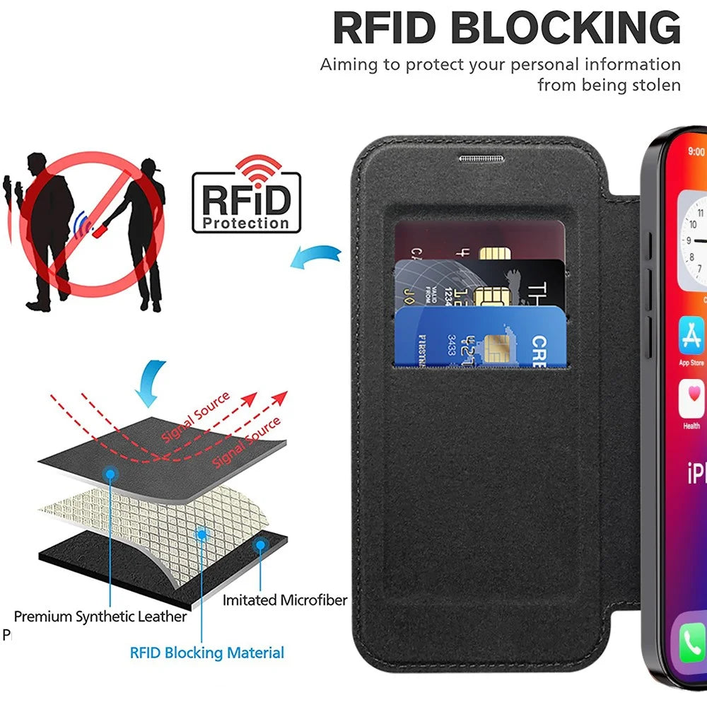 For iPhone 16 Magnetic Case RFID Blocking Leather Phone Cover - Black - 5