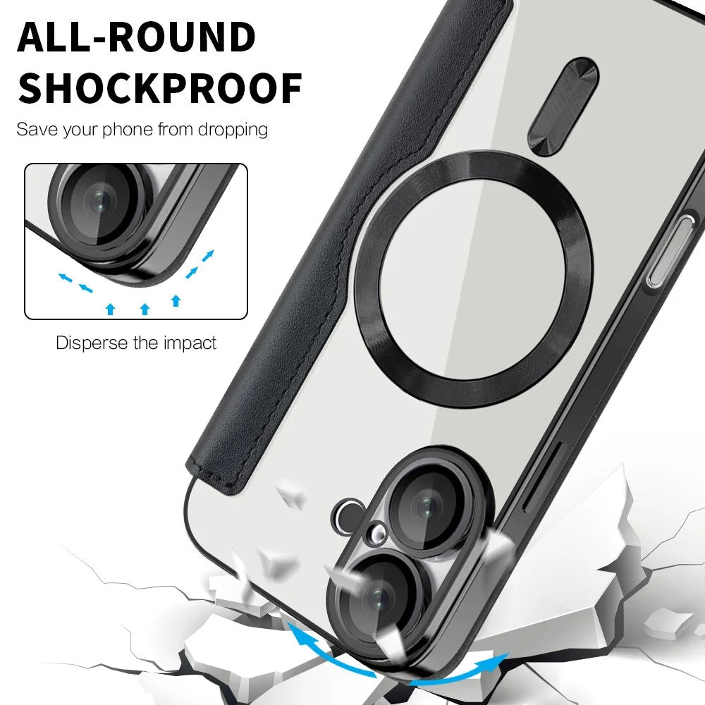 For iPhone 16 Magnetic Case RFID Blocking Leather Phone Cover - Black - 6