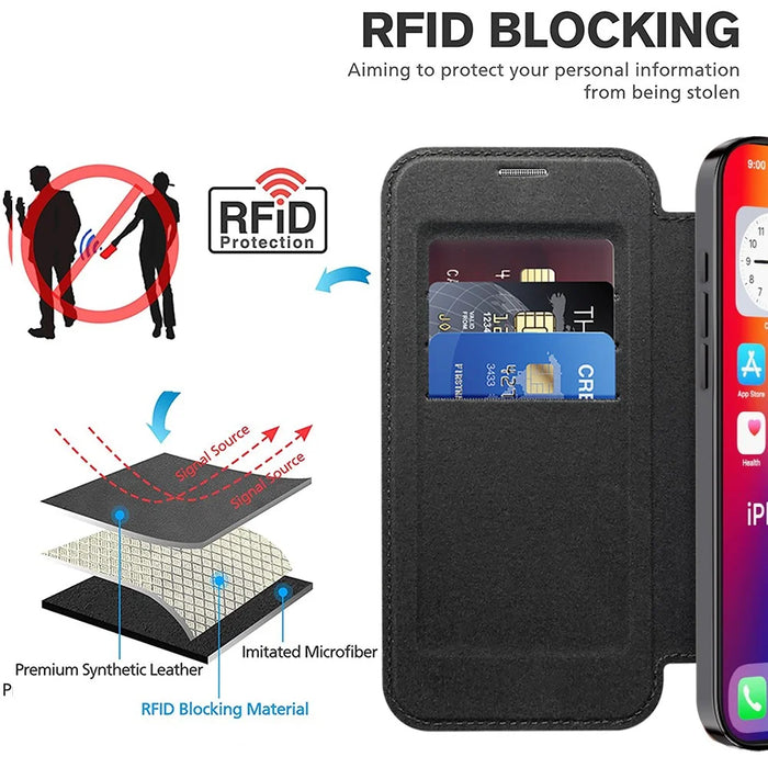 For iPhone 16 Plus Case Compatible with MagSafe RFID Blocking Leather Phone Cover - Black - 5