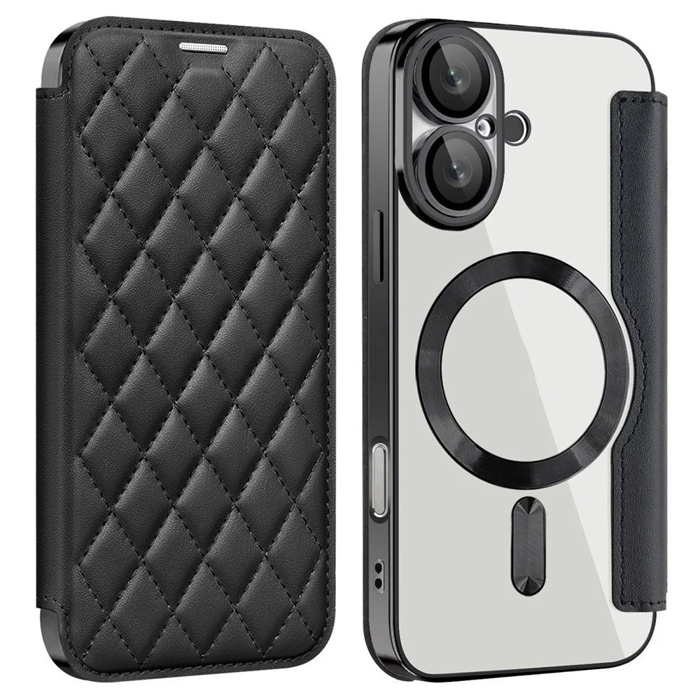 For iPhone 16 Plus Case Compatible with MagSafe Rhombus PU Leather Phone Cover - Black - 1