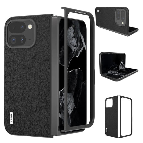 ABEEL For Google Pixel 9 Pro Fold 5G Case Genuine Cow Leather+PC Mobile Phone Cover - Black - 1