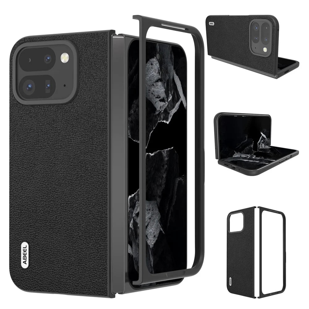 ABEEL For Google Pixel 9 Pro Fold 5G Case Genuine Cow Leather+PC Mobile Phone Cover - Black - 1