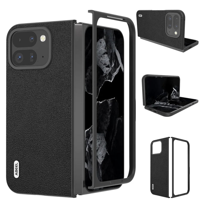 ABEEL For Google Pixel 9 Pro Fold 5G Case Genuine Cow Leather+PC Mobile Phone Cover - Black - 1