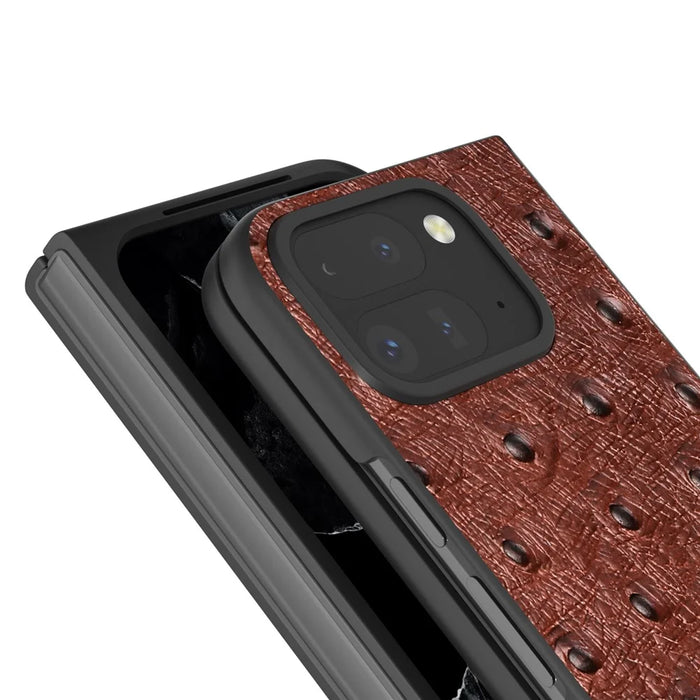ABEEL For Google Pixel 9 Pro Fold 5G Case Genuine Cow Leather+PC Phone Cover Ostrich Texture - Coffee - 3