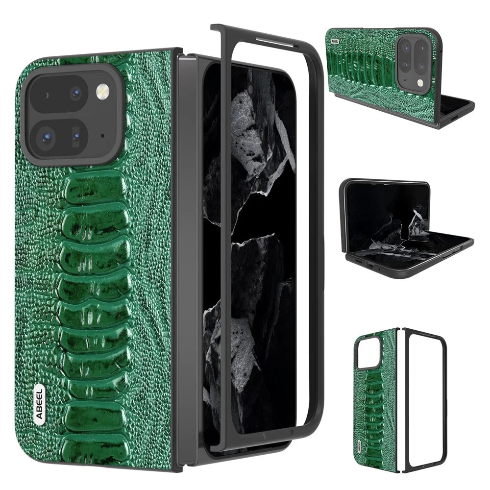 ABEEL For Google Pixel 9 Pro Fold 5G Case Crocodile Texture Genuine Cow Leather+PC Phone Cover - Green - 1