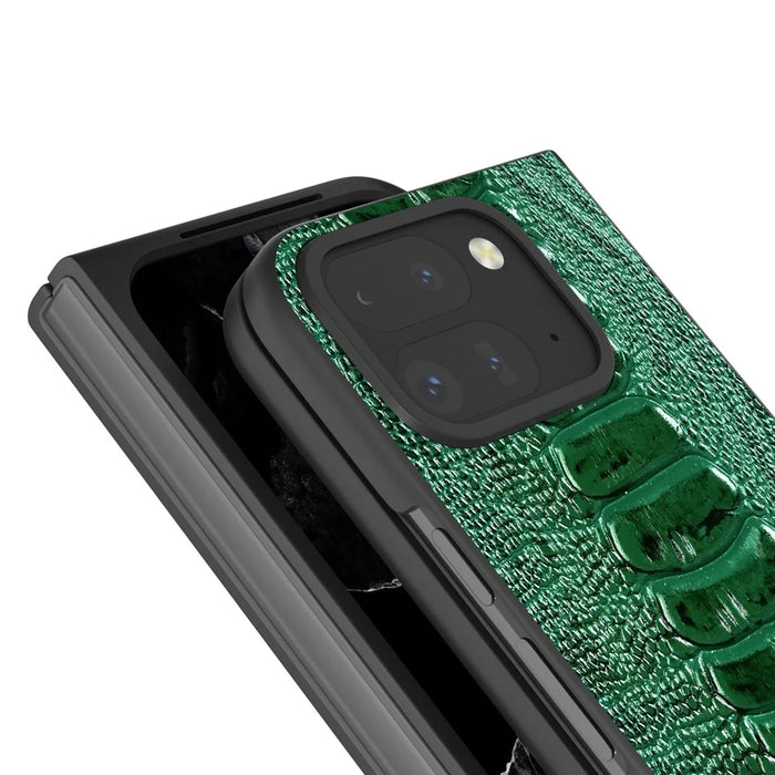 ABEEL For Google Pixel 9 Pro Fold 5G Case Crocodile Texture Genuine Cow Leather+PC Phone Cover - Green - 3
