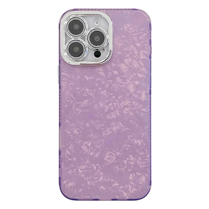 For iPhone 15 Pro Case PC+TPU Texture IMD Phone Cover with Glitter Ring Lens Film - Shell Pattern / Purple - 1