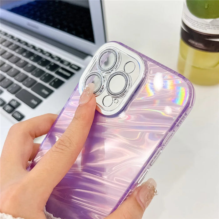 For iPhone 15 Pro Case PC+TPU Texture IMD Phone Cover with Glitter Ring Lens Film - Shell Pattern / Purple - 5