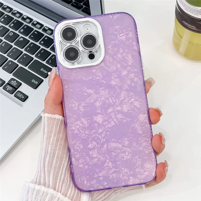 For iPhone 16 Pro Case IMD Design Shockproof PC+TPU Phone Cover with Glass Lens Film - Shell Pattern / Purple - 2