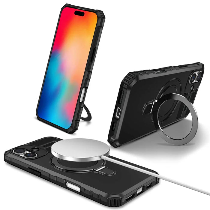 For iPhone 16 Case Magnetic Kickstand PC+TPU Phone Cover Compatible with MagSafe - Black - 1
