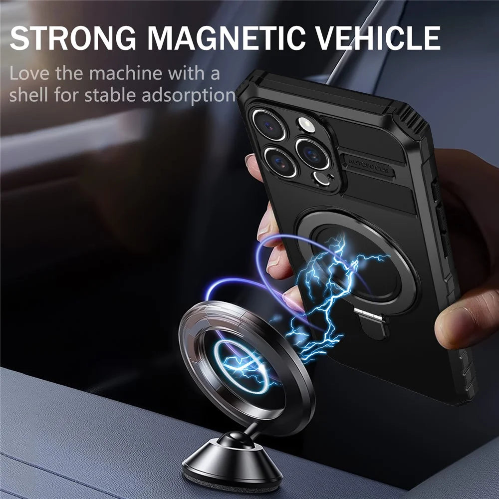 For iPhone 16 Pro Max Magnetic Case Ring Kickstand PC+TPU Drop-Proof Protective Cover - Black - 2